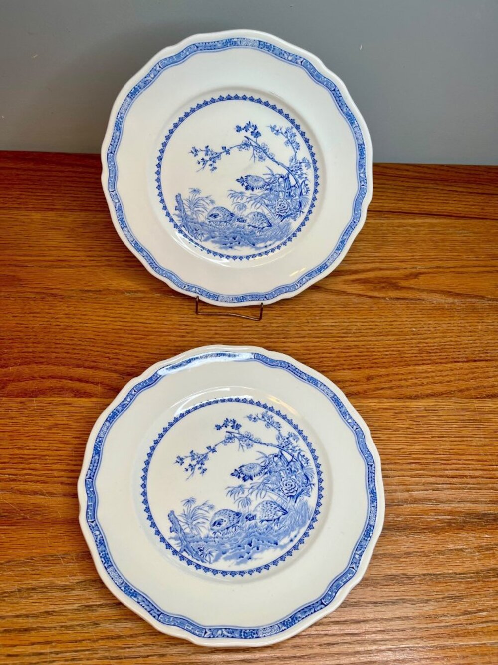 Set of 2 Antique FURNIVALS 1913 Blue Quail 10 1/4" Dinner Plates Round Backstamp